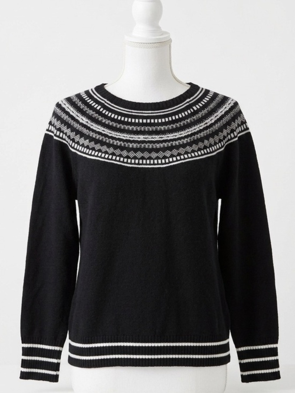 Talbots Fair Isle Crewneck Cotton Blend Sweater Black White Nordic Large Petite
